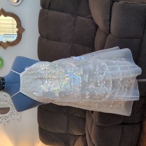 Free people gold/rainbow iridescent sequin and sheer overlay mini dress